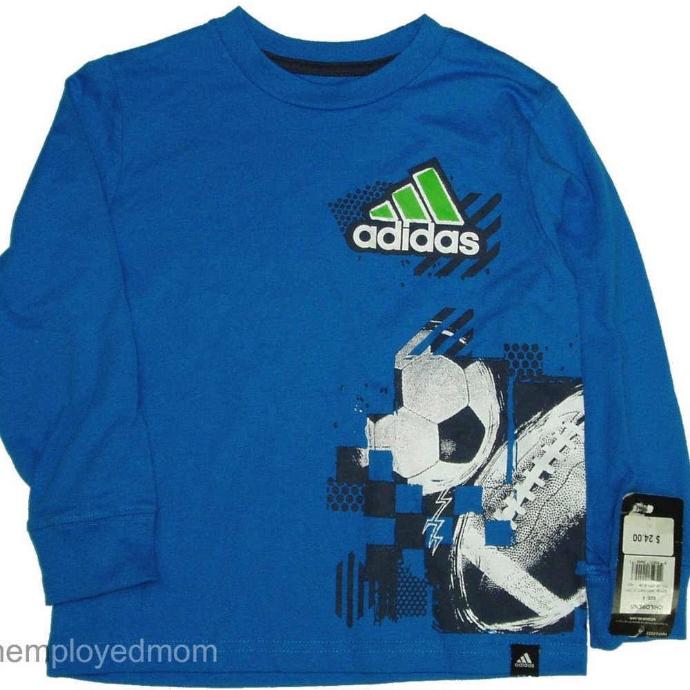 Blue Adidas Tee Boys Long Sleeve Sports Athletic Active Wear Shirt Top Cotton T